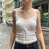 Bonnyshow Lace Camis Women Summer White Sleeveless Bandage Slim O-Neck Crop Top Streetwear Fashion Backless Casual Basic Cropped Top