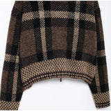 Bonnyshow  Vintage Plaid Zipper Sweater Coat Women Elegant Knitted Thick Brown Sweaters With Pockets Female Versatile Street Daily Outwear