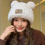 Bonnyshow Cute Bear Beanie Cap for Women Winter Warm Thick Knitted Plush Hat Korean Cartoon Female Ear-Protection Hats