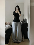 Bonnyshow Casual Grey Sweatpants Women Korean Style Wide Leg Sports Pants Harajuku Basic Oversize High Waist Black Trousers Female