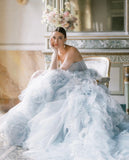 Bonnyshow Dreamlike Light Blue Bloom Wedding Dresses With Delicate Handmade Flower Ruffles Long Colored Bridal Dress Lace Up Back