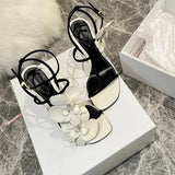 Bonnyshow  Women's Summer New Fashion Floral Designer Sexy Open Toe Stilettos PU Leather Elegant Slip On Party Dress Ladies Sandals