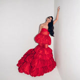 Bonnyshow Red Bubble Mermaid Long Evening Dresses Layered Illusion Sexy Formal Party Dress Sweetheart Strapless Long Maxi Gowns