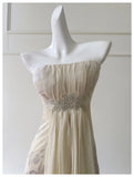 Bonnyshow  Women's Elegant Beige Chiffon Maxi Dress Floral Print Strap Formal Evening Gown Prom Party With Embellished Waist