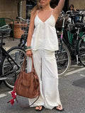 Bonnyshow  Summer Women's Sleeveless V-neck Pant Suit Casual Wide Leg High Waist Linen Pants Set Backless Sling Top Streetwear Outfits