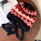 Bonnyshow Retro Knitted Woolen Hat for Women Autumn Winter Warm Ear Protection Beanie Cap Ethnic Style Plaid Strap Female Balaclava Hats