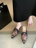 Bonnyshow  Summer Pointed Toe Women Slippers Fashion Vintage Embroidery Square Low Heels Party Dress Mules Shoes