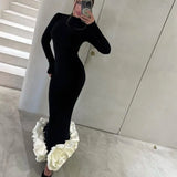 Bonnyshow Autumn Winter Maxi Dress for Women Fashion Flower Slim Evening Party Dresses Black Elegant Long Sleeve Christmas Outfits