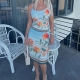 Bonnyshow  Print Ral Two Piece Sets Women Suit Spaghetti Strap Top Mini Skirt Set Spring Slim Elegant Party Beachwear 2025