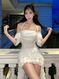 Bonnyshow  Tassel Dress Women One Shoulder Multi-Layered Ruffles Skinny Lace-Up Backless Summer Trend Sweet Skinny Mini Bodycon