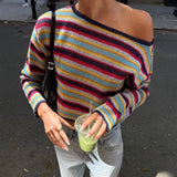 Bonnyshow  Y2k  Sweater Vintage Rainbow Striped Pullover Slanted Collar Fashion Knitted Jumper Long Sleeve Early Autumn Female Knitwear