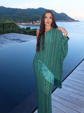 Bonnyshow  Tassel Striped Women's Long Dress Sexy Scarf Collar One Shoulder Full Sleeve Irregular Robes Summer Lady Party Evening Dresses