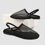 Bonnyshow  Black  Mesh Sandals Women Round Toe Low Heels Mules Breathable Casual Flat Shoes Buckle Strap Slippers Fashion Ladies Pumps