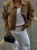 Bonnyshow Solid Color Suede Vintage Jacket Fashion Turndown Collar Single Breasted Women's Jackets Autumn New Retro Short Coat Outerwears