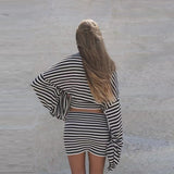 Bonnyshow  Casual Stripe Loose Shirt Skirt Suit Women Long Flare Sleeve O-neck Shirt High Waist Short Skirts 2025 Summer Autumn Suit Lady