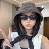 Bonnyshow Summer Quick Drying Little Devil Bucket Hat Thin Headscarf Y2k Big Head Personality Cute Cat Ear Fisherman Hat