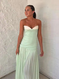 Bonnyshow  Pleated Patchwork Slim Long Women Sleeveless Backless High Waist Sexy Gown Evening Dress Chic Vacation Party Zipper Robe