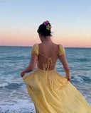 Bonnyshow  Olive Green Off Shoulder Puff Sleeve Maxi Dress Women Ruched Elastic Waist 2025 New Summer Beach Vacation Date Lady Vestidos
