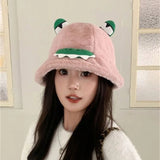 Bonnyshow Cute Frog Fisherman Hat for Women Winter Fluffy Fur Bucket Hats Funny Cartoon Warm Thicken Female Girls Plush Hats