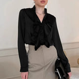 Bonnyshow Women's Collection Irregular Design Long Sleeved Shirt  Fashionable Ladies T-shirt Spring New Ruffle Edge Stylish Top