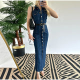 Bonnyshow  Fashion Halter Belt Jeans Long Dress For Women Single Breasted High Waist Slim Maxi Dress Lady 2025 Summer Chic Street Vestidos