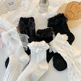 Bonnyshow Lolita Bow Lace Socks for Girls Japanese Black White Ruffle JK Sock Women Summer Soft Cotton Thin Middle Tube Socks
