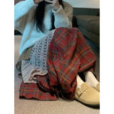 Bonnyshow Streetwear Contrast Color Patchwork A-line Skirt Women 2025 Spring New High Waist Hollow Loose Pleated Plaid Mid-length Skirt