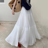 Bonnyshow  French Elegance Women Midi Skirts Y2K Summer Streetwear Patchwork A Line Pleated Skirts High Waist Loose All-Match Long Skirts
