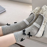 Bonnyshow Lolita Bow Socks for Women Spring Summer Cotton Mid-tube Sock Y2K Girls Japanese Bowknot Solid Color JK Socks