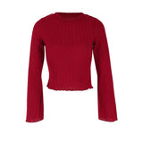 Bonnyshow Women New T-shirt Autumn Fashion Streetwear O-Neck Casual Slim Long Sleeves Sexy Red Tees Elegant Female Versatile Top Clothing