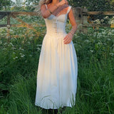 Bonnyshow  Ruched Detail Lace-up Elegant Sundress French Style White A-line Long Dress Summer Sleeveless Sexy Chic Dresses Lady
