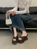 Bonnyshow  Sexy Leopard Print Butterfl-Knot Platform Wedges Women's Slippers Street Style Summer High Heels Banquet Shoes