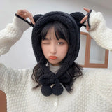 Bonnyshow Cute Bear Winter Plush Hat Women Cartoon Fleece Thicken Ear Protection Cap Winter Warm Windproof Lace-up Hooded Beanies