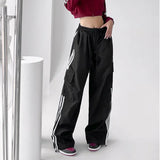 Bonnyshow Striped Sweatpants Women Hip Hop Streetwear Baggy Wide Leg Cargo Pants Bf Y2K High Waist Drawstring Joggers Trousers