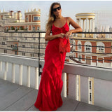 Bonnyshow Red Chiffon Ruffle Long Dress Women Elegant Spaghetti Strap Slim Evening Party Dresses Summer Sexy Backless Holiday Dress 2024