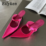 Bonnyshow  Satin Button Pointed Toe Mules Pumps Women Slipper Fashion Shallow Thin High Heels Ladies Shoes