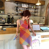 Bonnyshow  Orange Sunset Women'S A-Line Color Check Hypotenuse Hanging Neck Dress Vintage Sleeveless Mini Dresses Elegant Frocks Clothes