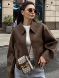 Bonnyshow Casual Loose Brown Women's Jacket Simple Turndown Collar Zipper Short Jackets Fashion Autumn Retro Long Sleeve Women's Coat