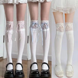 Bonnyshow White Lace Stockings Women Lolita Ribbon Bow Over Knee Socks Cute Sweet Thigh High Sock Girls Kawaii Calf Socks