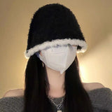 Bonnyshow Winter Plush Bucket Hat for Women Thicken Warm Faux Fur Fisherman Cap Korean Solid Color Wide-brim Female Basin Hats