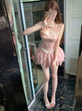 Bonnyshow  French Sweet Design Pink Slimming Fishbone Tube Top All-Match Lace Floral Short Gauze Skirt Two-Piece Set for Women Summer