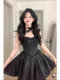 Bonnyshow  Summer French Premium Bow Suspender Birthday Party Dresses Black Sweet High Waist Slim Fit Sleeveless Pleated Short Dress