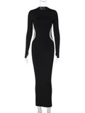 Bonnyshow  - Black Patchwork Slim Dress For Women Long Sleeve Fashion Contrast Bodycon Elegant Party Dress Ladies Casual Maxi Dress