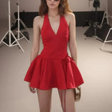Bonnyshow  Sexy Red Halter Dress Women Slim Low Waist Spliced 3D Flower Swing A-lined Backless Short Dresses Summer Robe