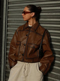 Bonnyshow Brown Leather Women's Jacket Casual Vintage Short Jackets Autumn Winter Retro Women Coat Loose Lapel Ladies Coats Outerwear
