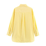 Bonnyshow  Women Oversize Yellow Striped Shirt Front Patch Pocket Long Sleeve Lapel Collar Streetwear Blouse Loose Lady Shirts