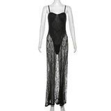 Bonnyshow Black Lace Maxi Dress Women Sexy See Through Slim Beach Holiday Dress Fashion Spaghetti Strap Club Party Dress 2024 Beachwear