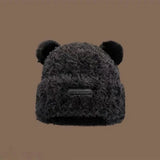 Bonnyshow Cute Bear Plush Beanie Cap Women Winter Warm Thicken Faux Fur Hat Korean Solid Color Cartoon Ears Female Skullcap Bonnet