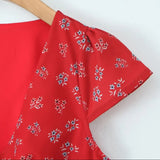 Bonnyshow  Sexy Red Floral Print Ruched Chest Deep V neck Short Sleeve Mini Dress Woman Tie Bow Sashes A-lined Dresses Femme Vestidos