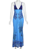 Bonnyshow Sexy Deep V-neck Print Floral Women Maxi Dress Blue Spaghetti Strap Evening Dress Female Autumn New Elegant Partywear